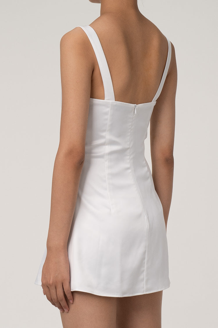 Sexy Satin Square Neck Suspender Strap Summer Party Mini Dress - White