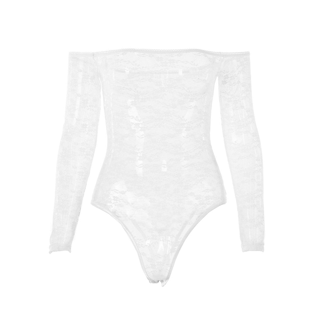 Sexy Sheer Lace Flower Long Sleeve Off Shoulder Bodysuit - White - Fashionpara