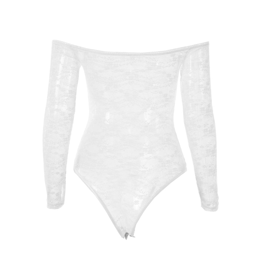 Sexy Sheer Lace Flower Long Sleeve Off Shoulder Bodysuit - White