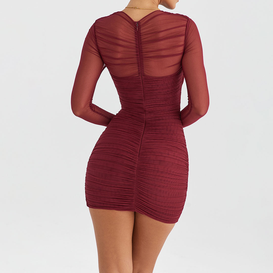 Sexy Sheer Layered Neck Mesh Long Sleeve Ruched Mini Party Dress - Wine - Fashionpara