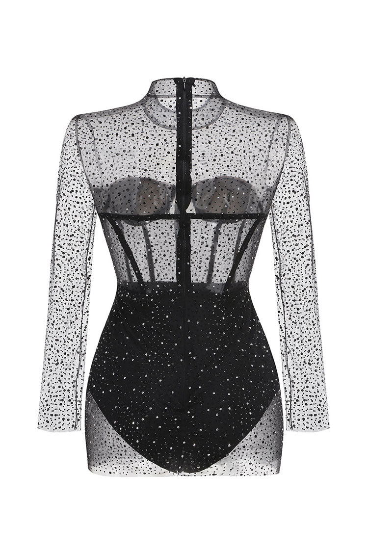 Sexy Sheer Mesh Mock Neck Bustier Bodycon Rhinestone Club Romper Mini Dress