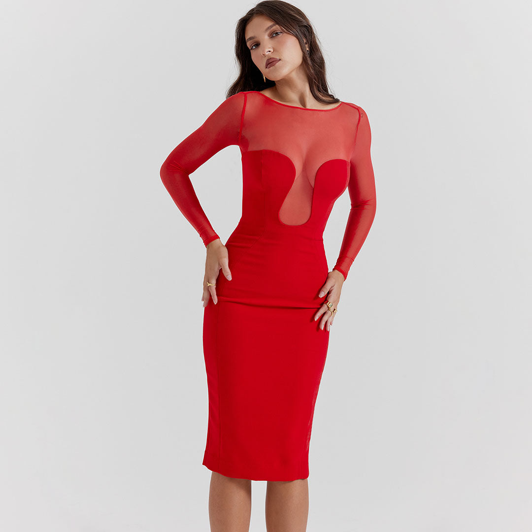 Sexy Sheer Plunge Mesh Long Sleeve Fitted Midi Cocktail Dress - Red - Fashionpara