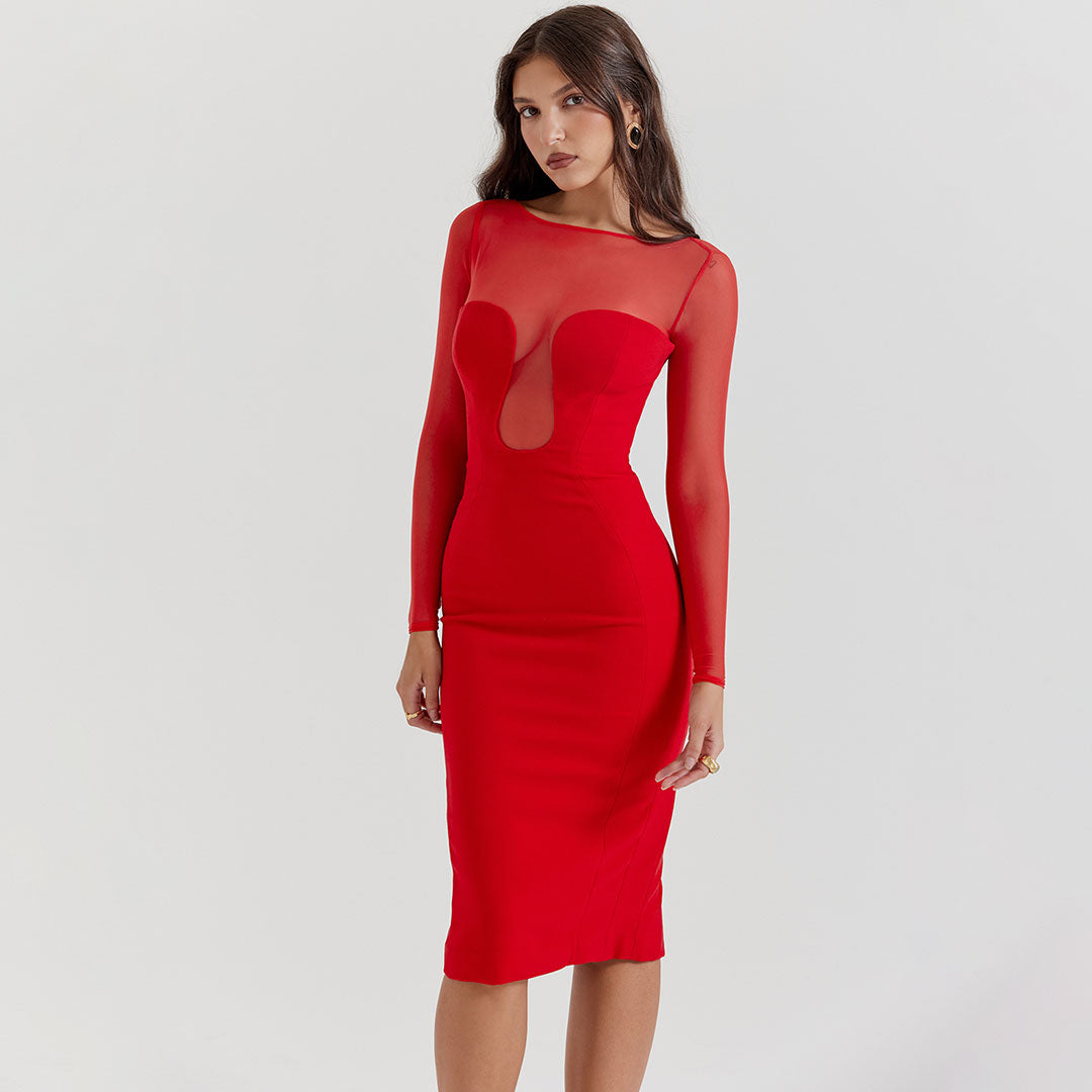 Sexy Sheer Plunge Mesh Long Sleeve Fitted Midi Cocktail Dress - Red - Fashionpara