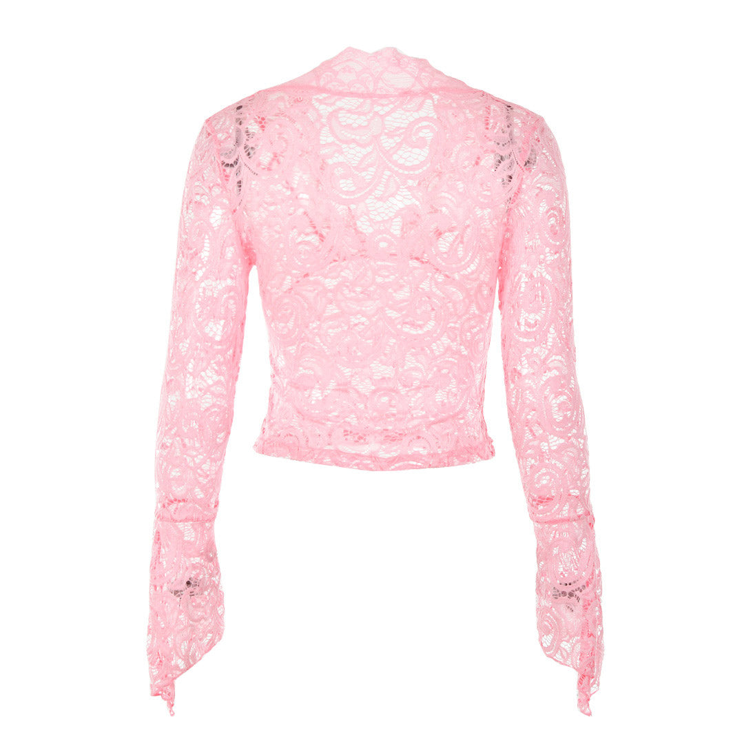 Sexy Sheer Scalloped V Neck Flared Sleeve Lace Crop Top - Pink