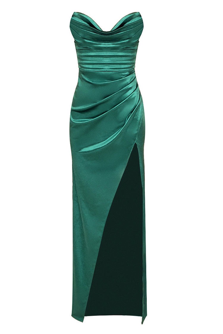 Sexy Silky Satin Cowl Neck Pleated High Split Strapless Evening Maxi Dress - Emerald Green - Fashionpara