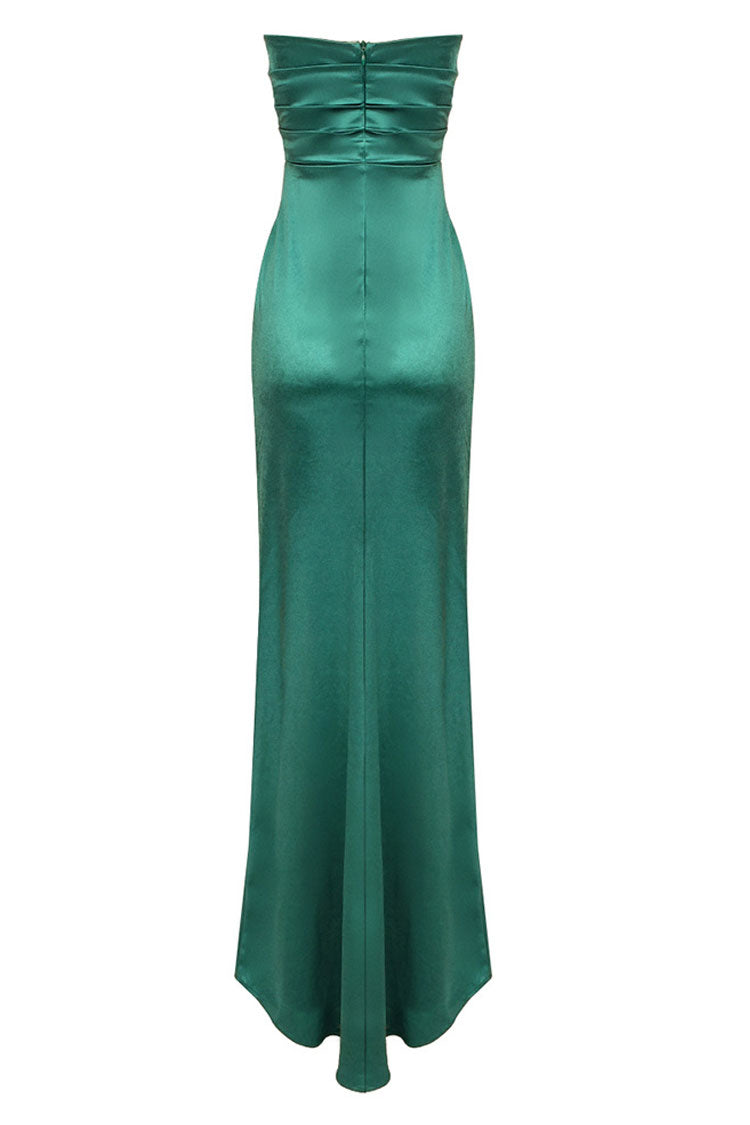 Sexy Silky Satin Cowl Neck Pleated High Split Strapless Evening Maxi Dress - Emerald Green - Fashionpara