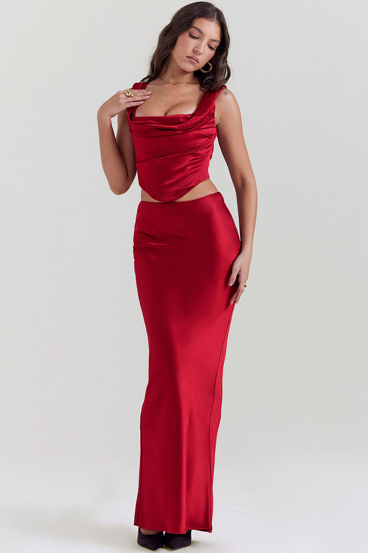 Sexy Silky Satin Lace Up Backless Crop Corset Maxi Skirt Two Piece Dress - Red - Fashionpara