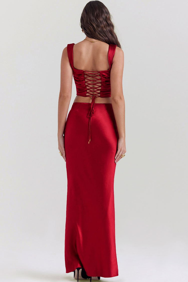 Sexy Silky Satin Lace Up Backless Crop Corset Maxi Skirt Two Piece Dress - Red - Fashionpara