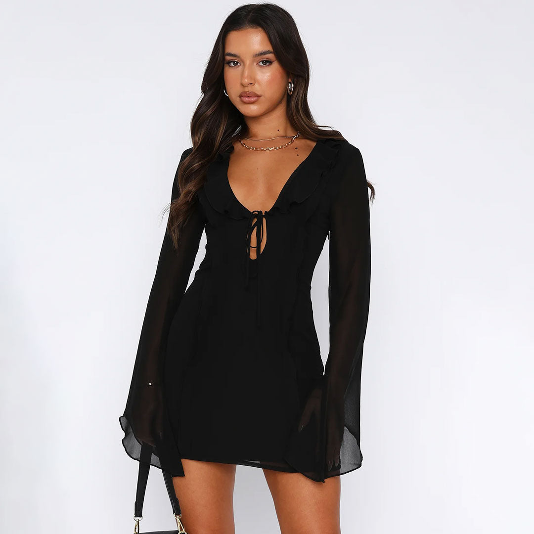 Sexy Solid Plunge Neck Tie Front Sheer Sleeve Ruffle Mini Party Dress