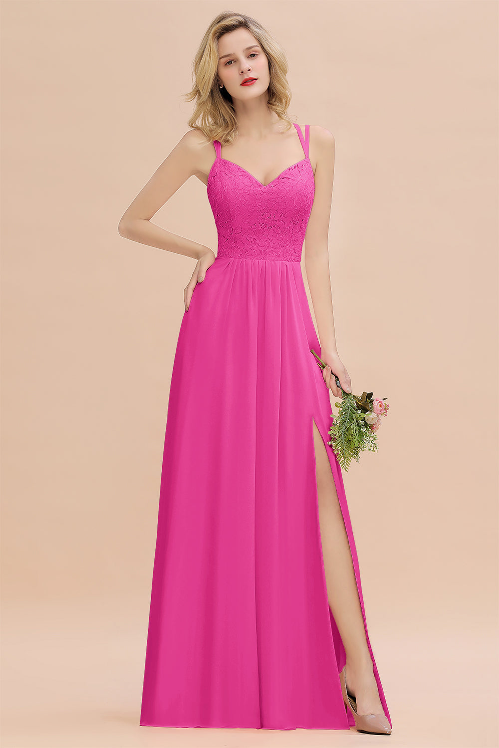 Sexy Spaghetti-Straps Coral Lace Bridesmaid dresses with Slit - Fashionpara