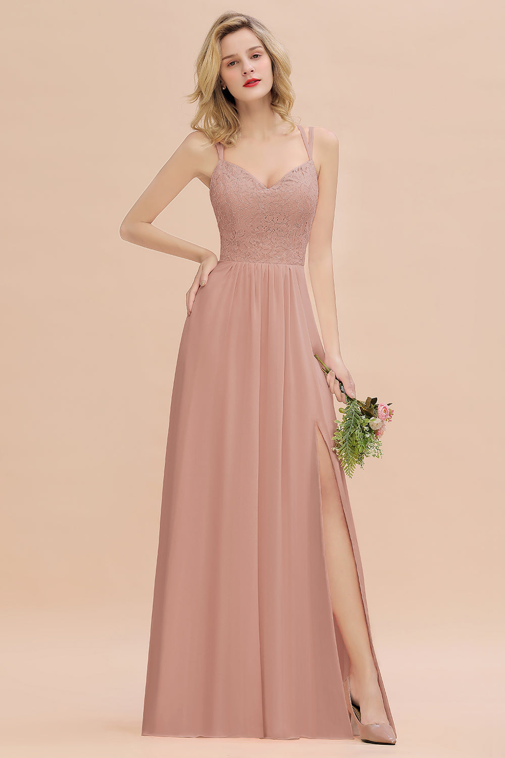 Sexy Spaghetti-Straps Coral Lace Bridesmaid dresses with Slit - Fashionpara