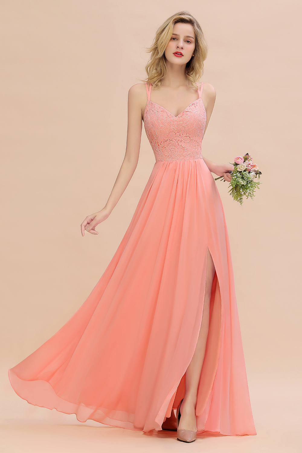 Sexy Spaghetti-Straps Coral Lace Bridesmaid dresses with Slit