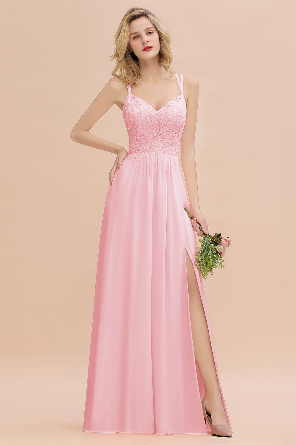 Sexy Spaghetti-Straps Coral Lace Bridesmaid dresses with Slit