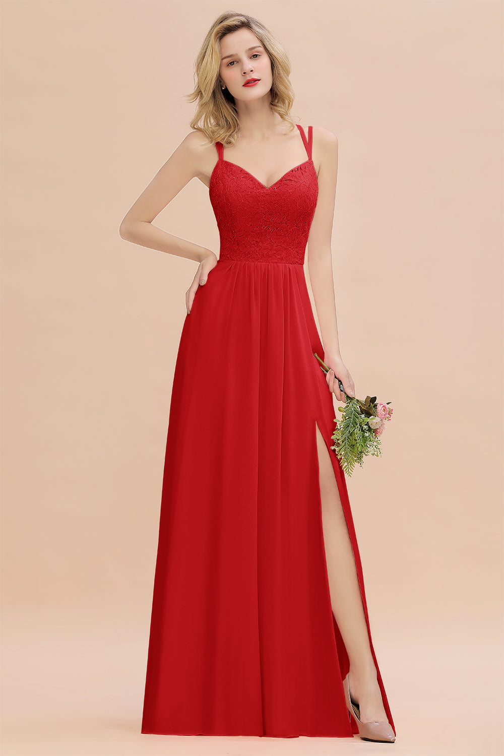 Sexy Spaghetti-Straps Coral Lace Bridesmaid dresses with Slit - Fashionpara