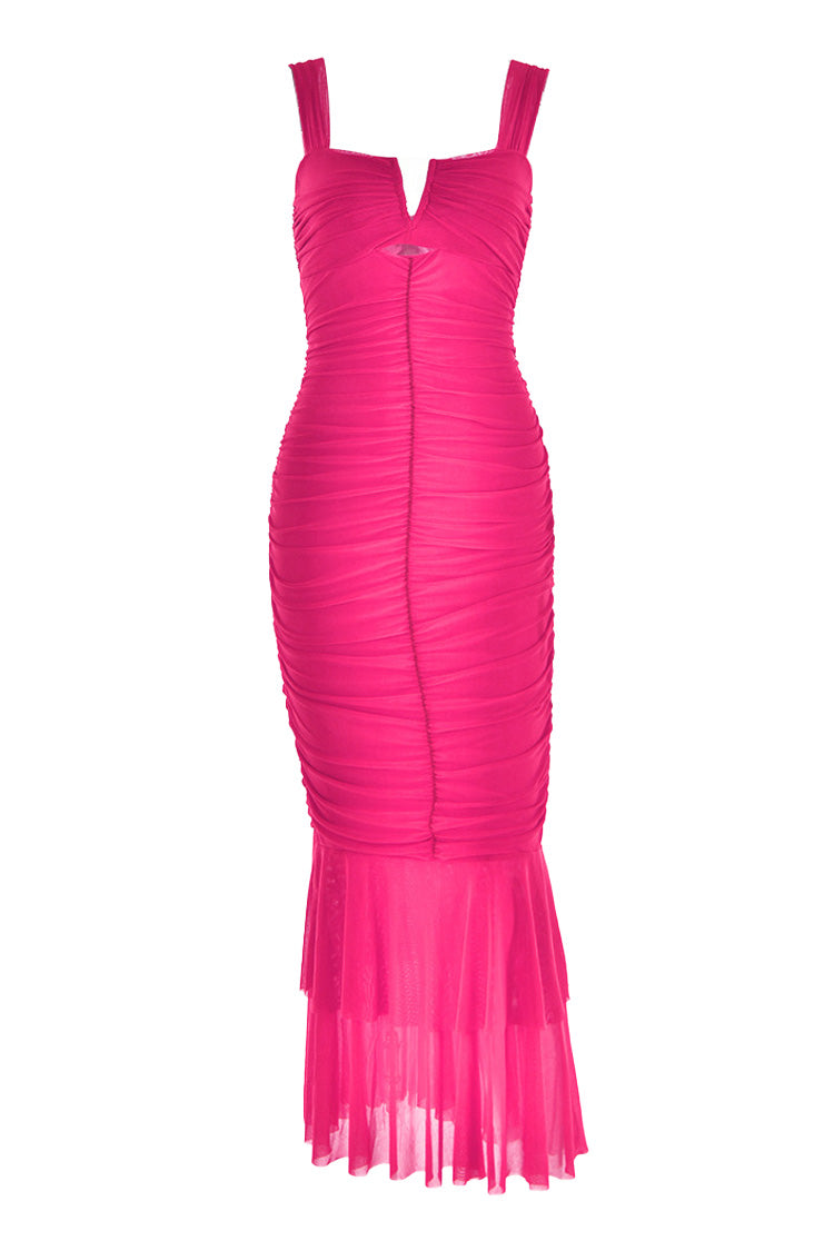 Sexy Split Cutout Mesh Ruched Bodycon Ruffle Fishtail Evening Maxi Dress - Fashionpara