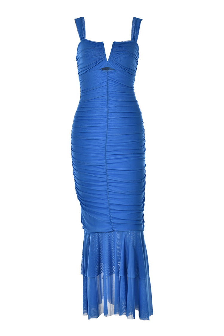 Sexy Split Cutout Mesh Ruched Bodycon Ruffle Fishtail Evening Maxi Dress - Fashionpara