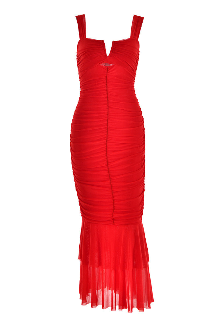 Sexy Split Cutout Mesh Ruched Bodycon Ruffle Fishtail Evening Maxi Dress - Fashionpara