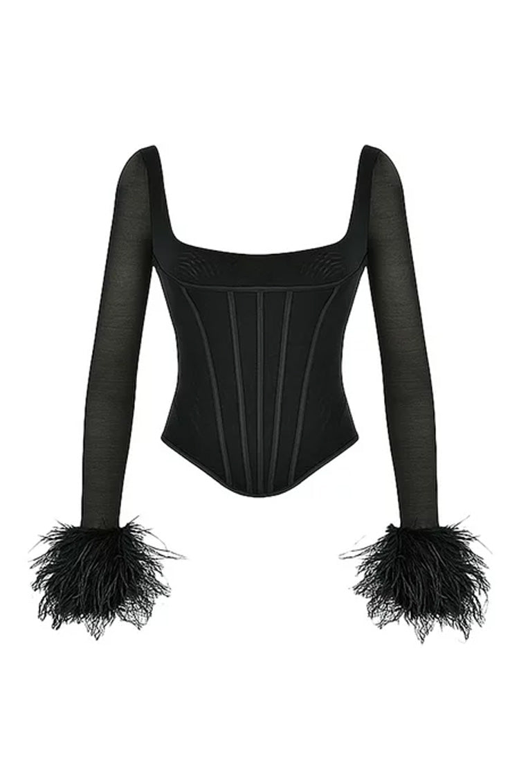 Sexy Square Neck Feather Trim Sheer Mesh Long Sleeve Crop Corset Top