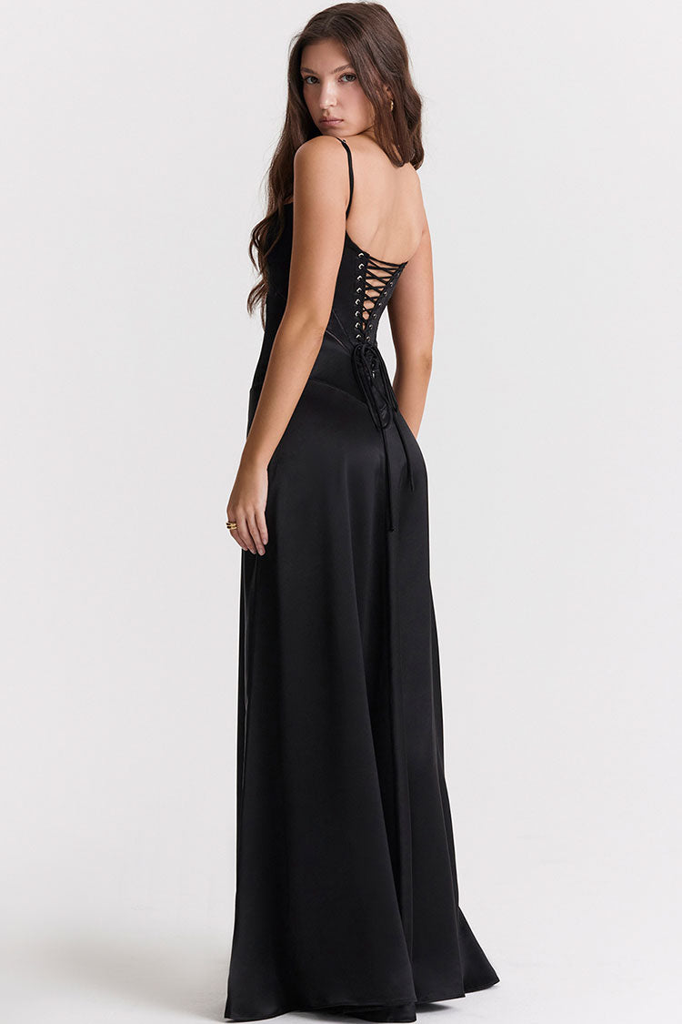 Sexy Square Neck Pintuck Trim Lace Up Back Satin Slip Maxi Dress - Black - Fashionpara