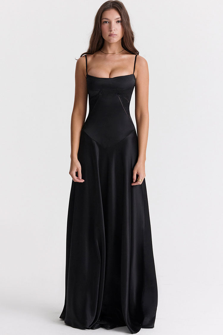 Sexy Square Neck Pintuck Trim Lace Up Back Satin Slip Maxi Dress - Black - Fashionpara