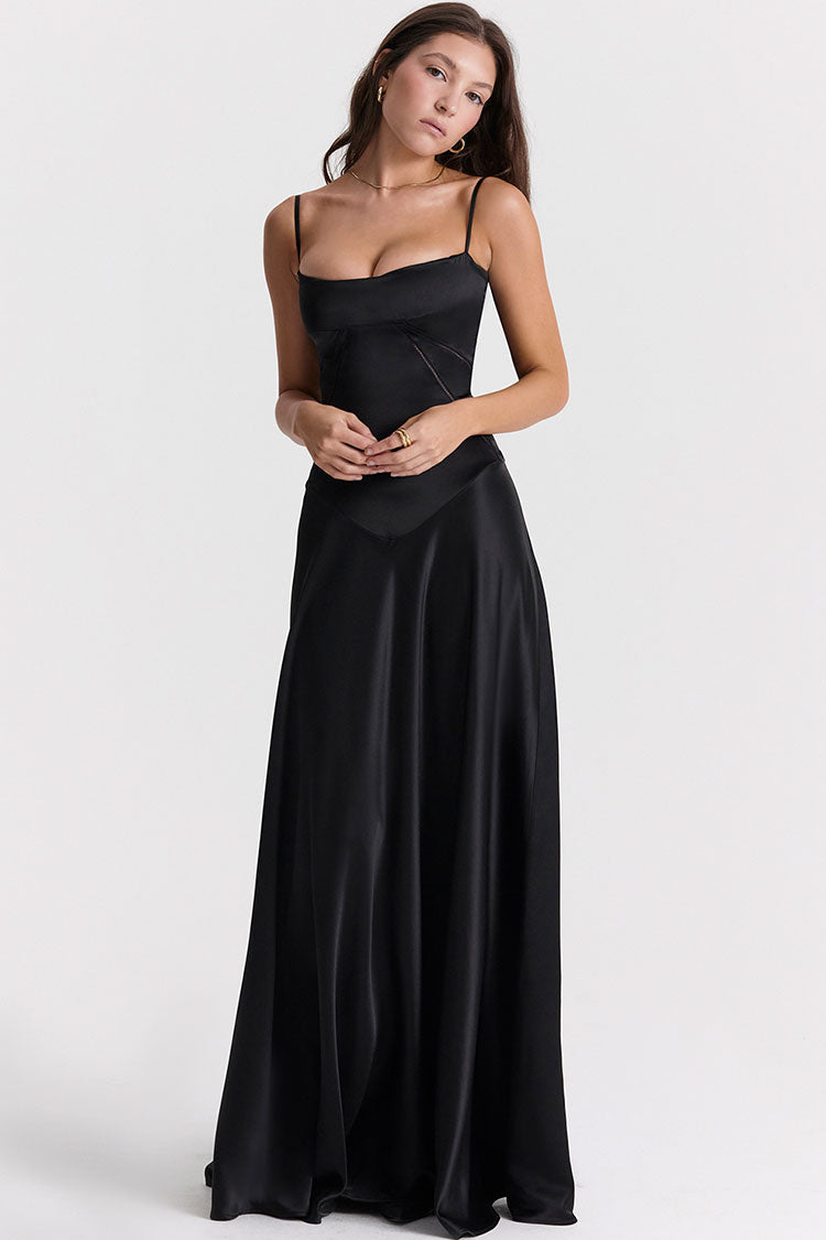 Sexy Square Neck Pintuck Trim Lace Up Back Satin Slip Maxi Dress - Black - Fashionpara