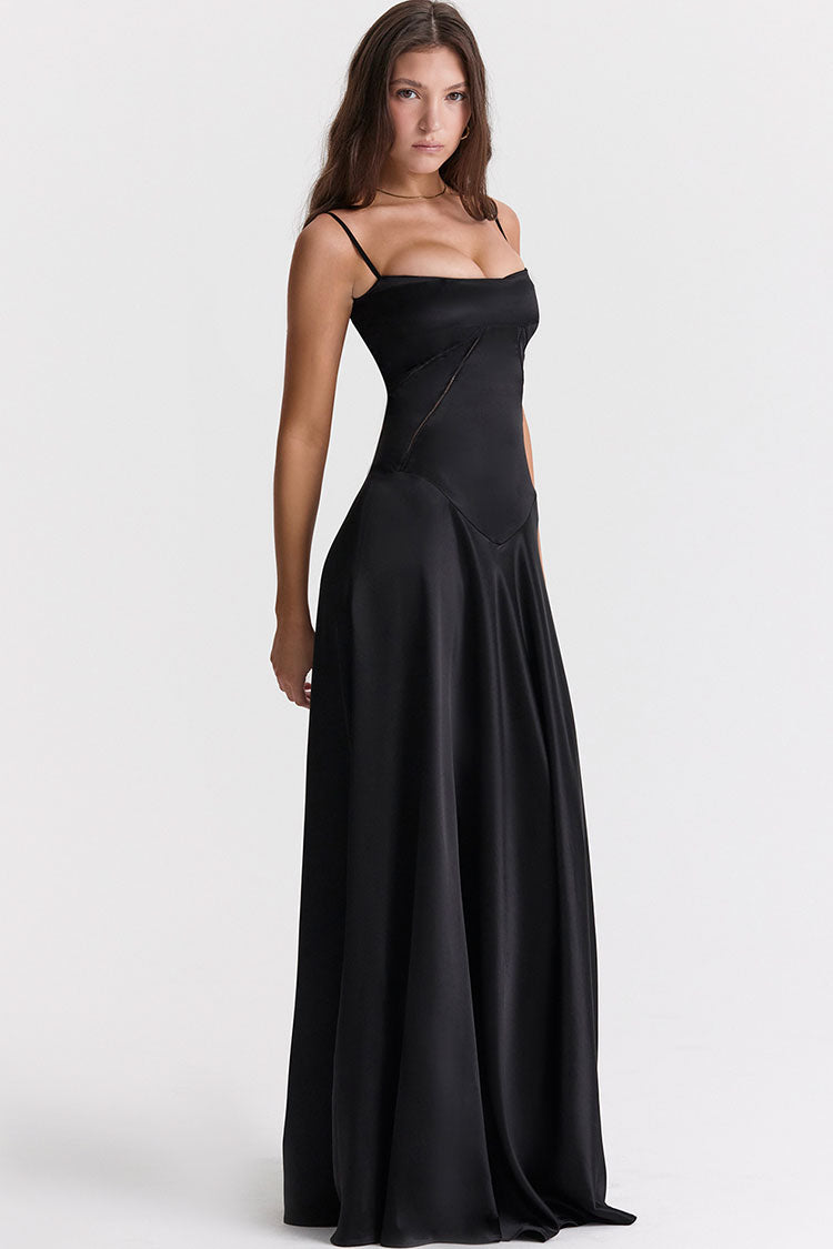 Sexy Square Neck Pintuck Trim Lace Up Back Satin Slip Maxi Dress - Black - Fashionpara