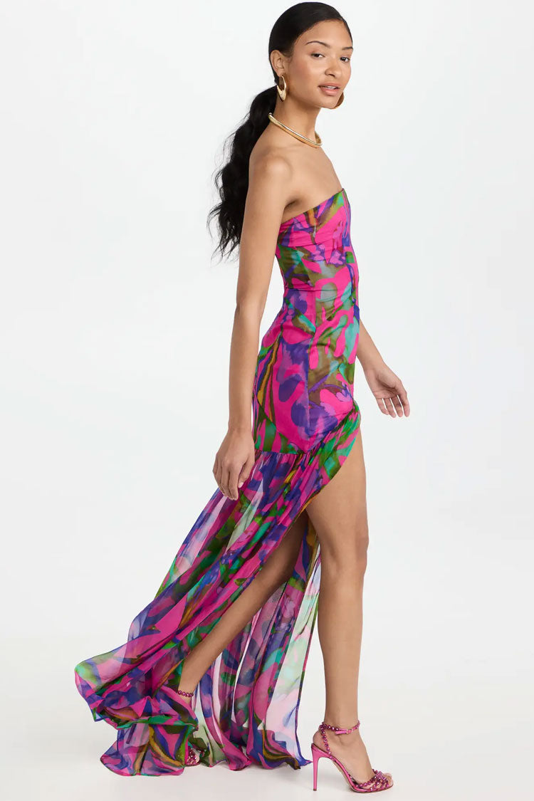 Sexy Strapless Printed Patchwork Ruffle Split Maxi Beach Vacation Dress - Hot Pink