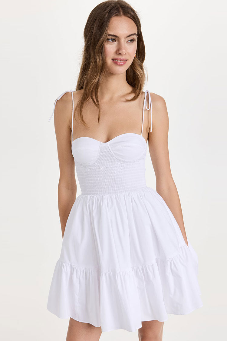 Sweetheart Tie Strap Smocked Fit & Flare Mini Summer Sundress - White - Fashionpara