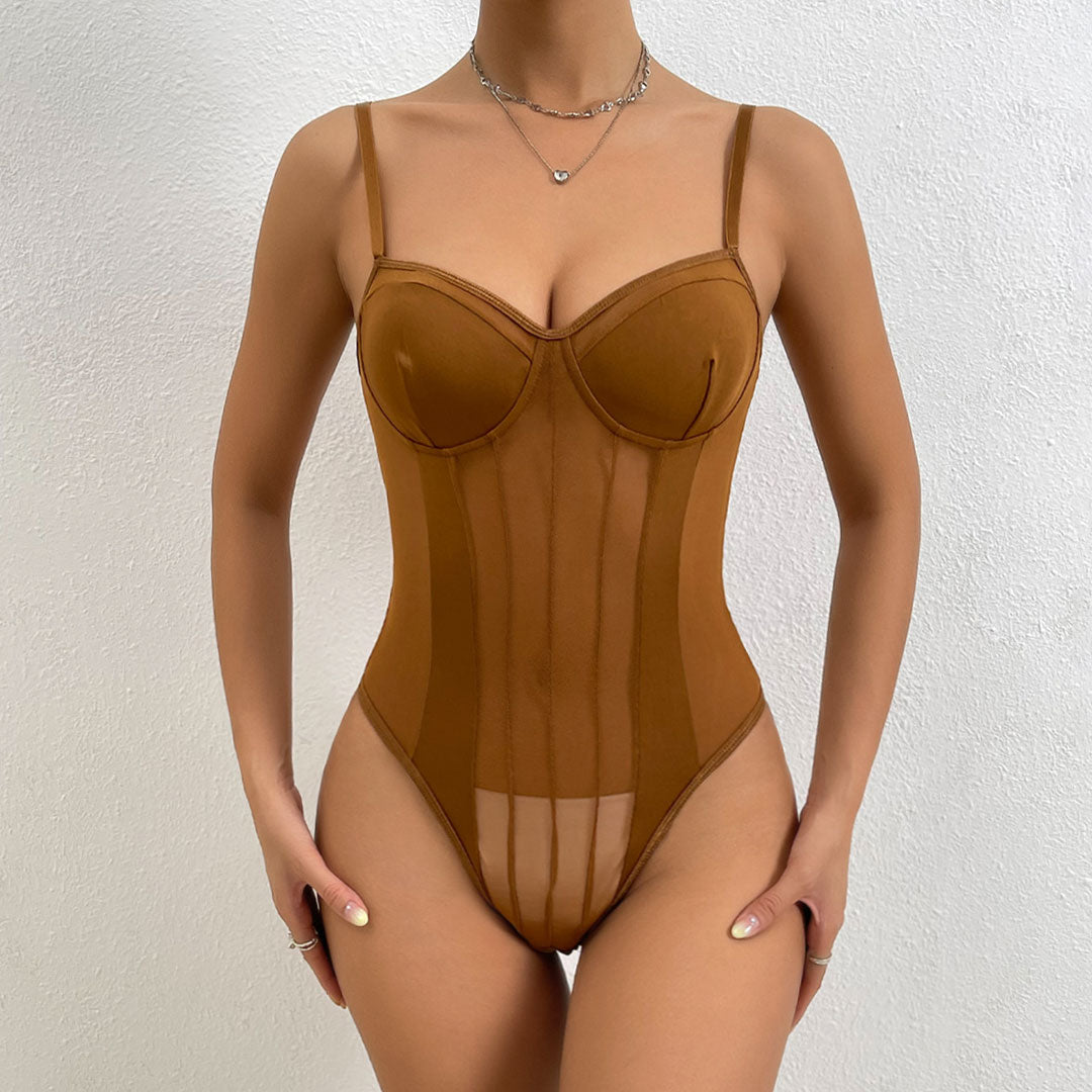 Sexy Sweetheart Vertical Striped High Leg Sheer Mesh Bodysuit - Coffee