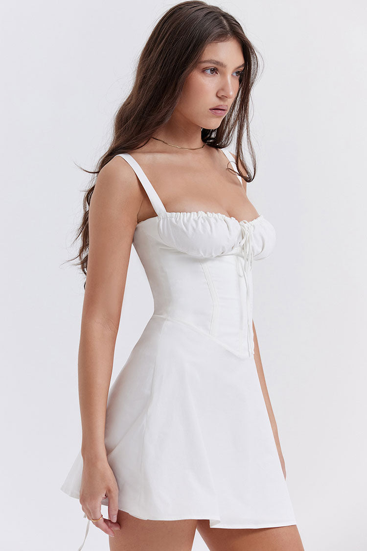 Sexy Tie Front Lace Up Back Fit & Flare Corset Mini Sundress - White - Fashionpara