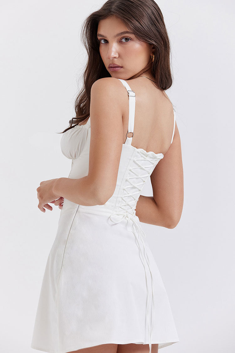 Sexy Tie Front Lace Up Back Fit & Flare Corset Mini Sundress - White - Fashionpara