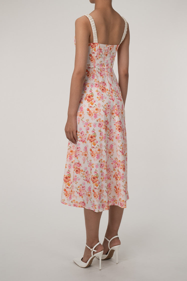 Sexy Tie Neck High Split Floral Printed Summer Midi Sundress - Beige