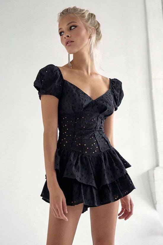 Sexy V Neck Puff Sleeve Broderie Anglaise Ultra Short Ruffle Tiered Dress - Black - Fashionpara