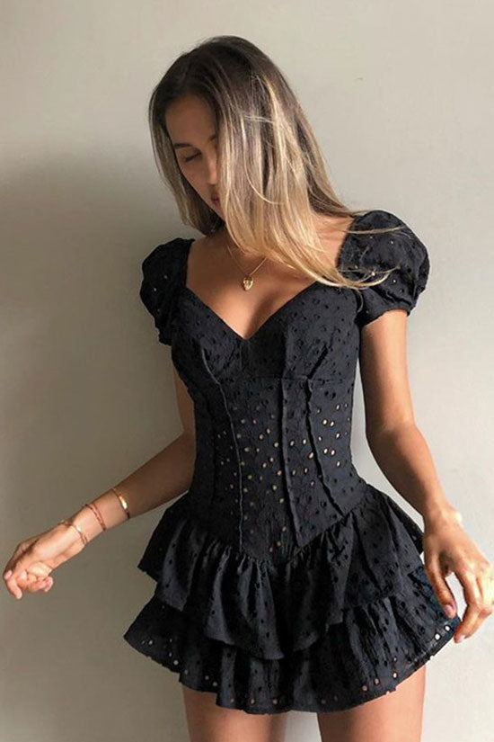 Sexy V Neck Puff Sleeve Broderie Anglaise Ultra Short Ruffle Tiered Dress - Black - Fashionpara