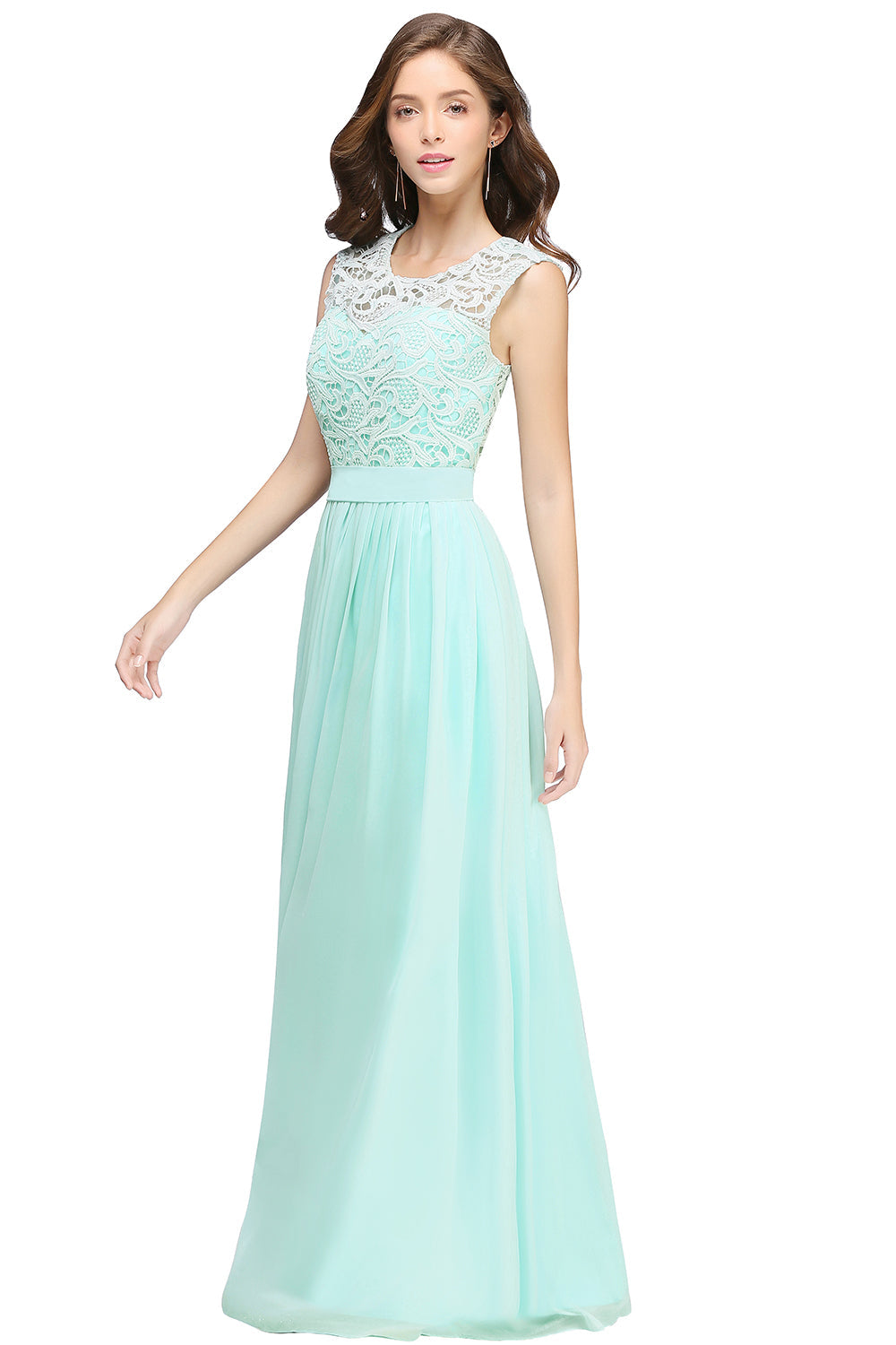 Gorgeous Sheath Crew Sleeveless Lace Top Chiffon Floor Length Dresses - Fashionpara