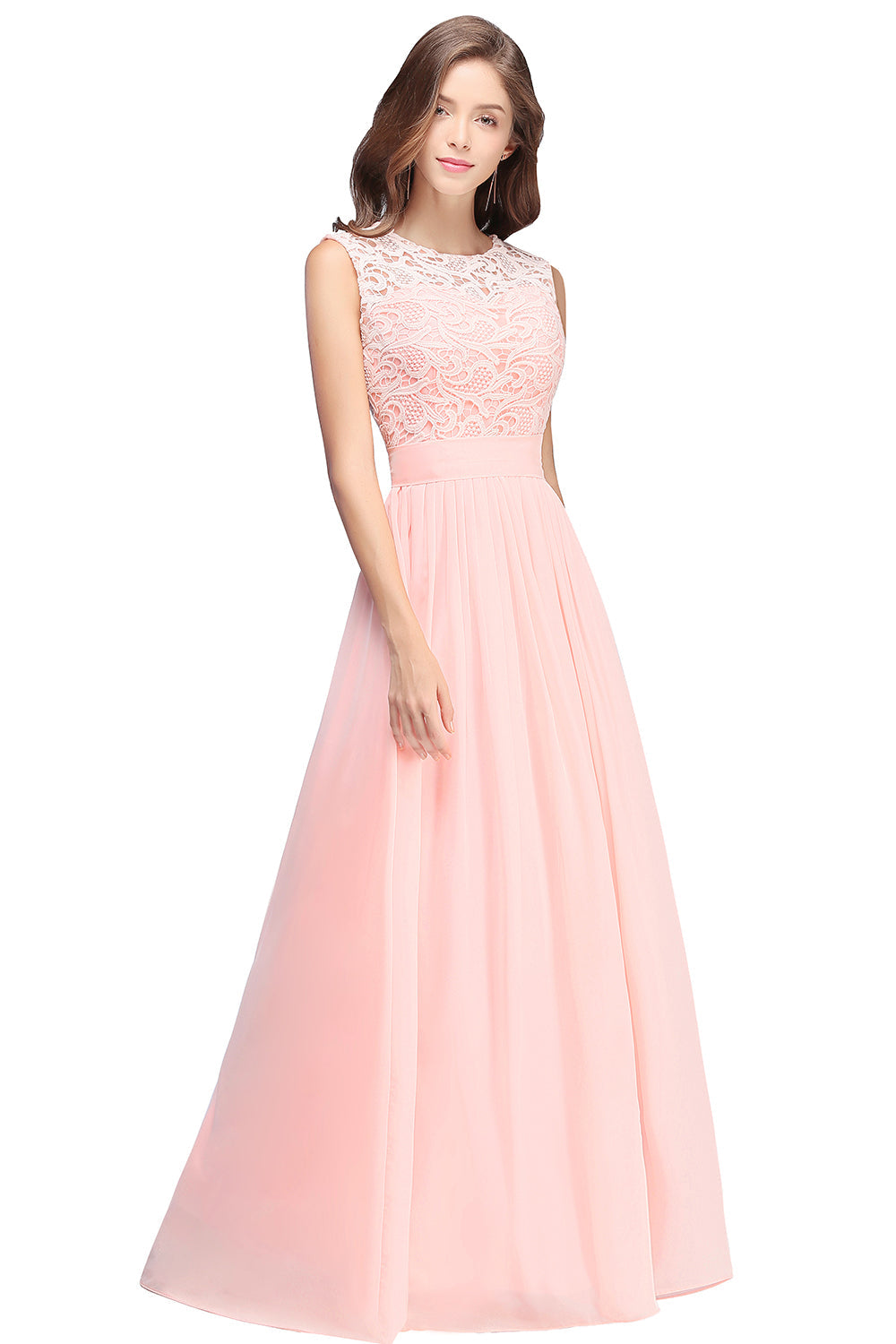 Gorgeous Sheath Crew Sleeveless Lace Top Chiffon Floor Length Dresses - Fashionpara