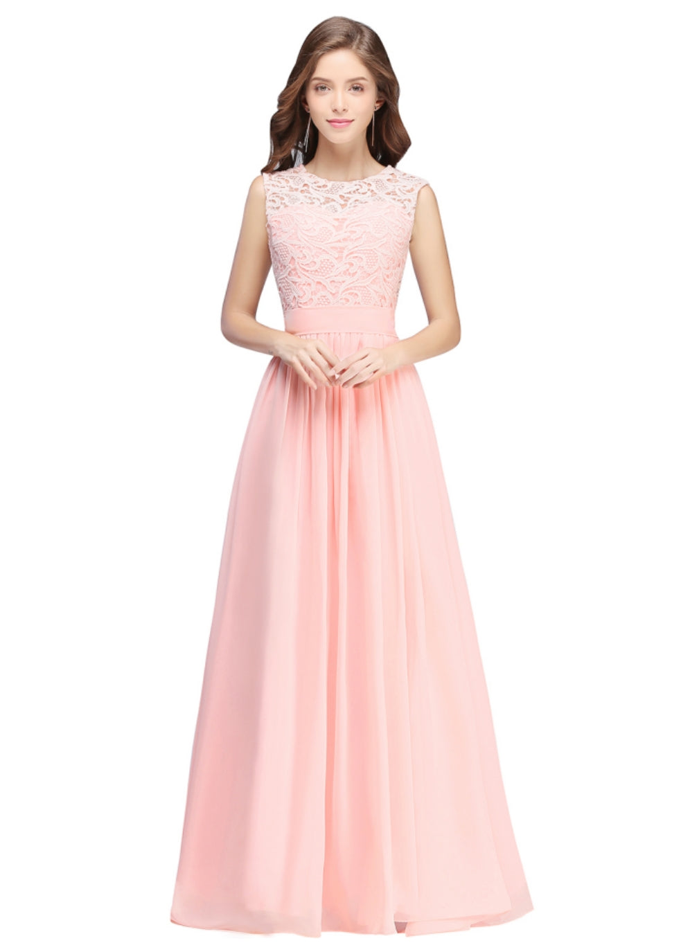 Gorgeous Sheath Crew Sleeveless Lace Top Chiffon Floor Length Dresses - Fashionpara