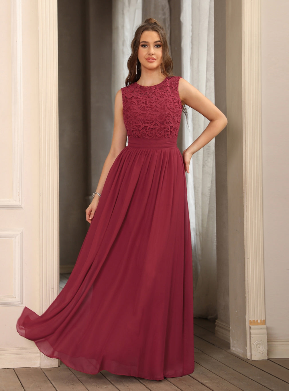 Gorgeous Sheath Crew Sleeveless Lace Top Chiffon Floor Length Dresses - Fashionpara