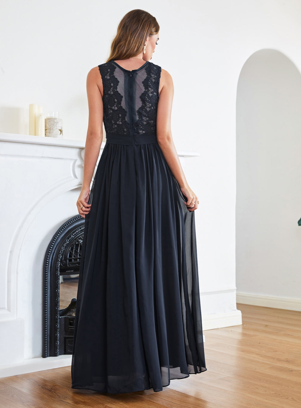 Gorgeous Sheath Crew Sleeveless Lace Top Chiffon Floor Length Dresses - Fashionpara