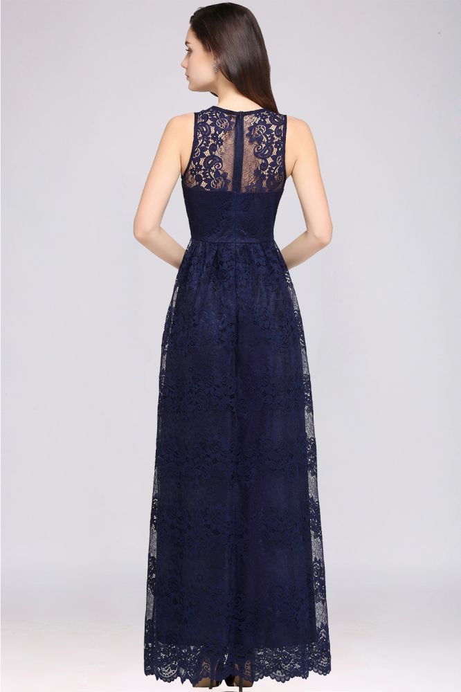 Vintage V-Neck Floor-Length Lace Navy Blue Prom Dress