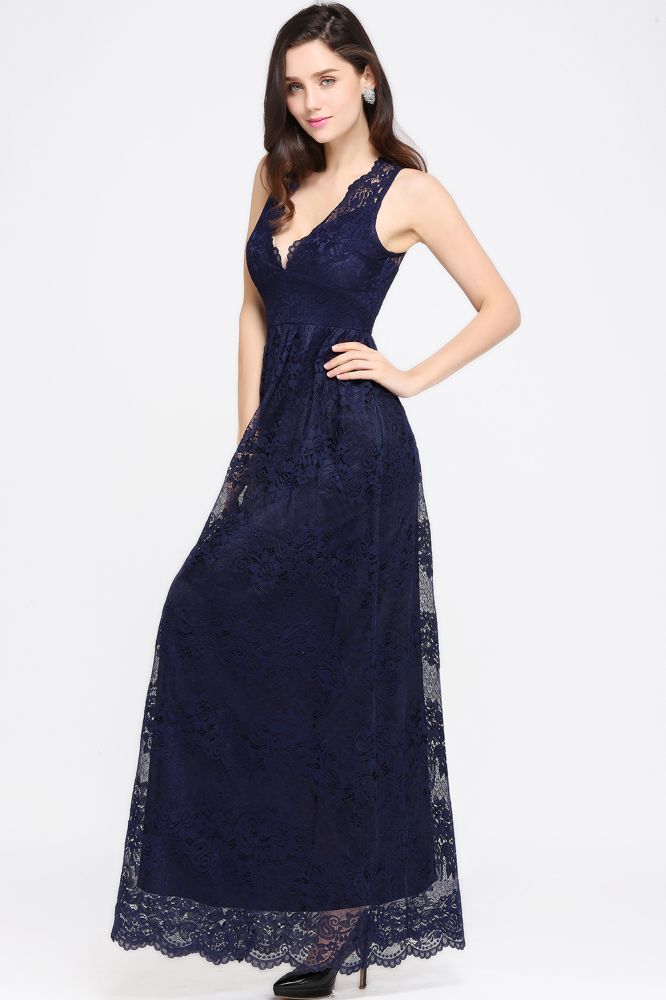 Vintage V-Neck Floor-Length Lace Navy Blue Prom Dress