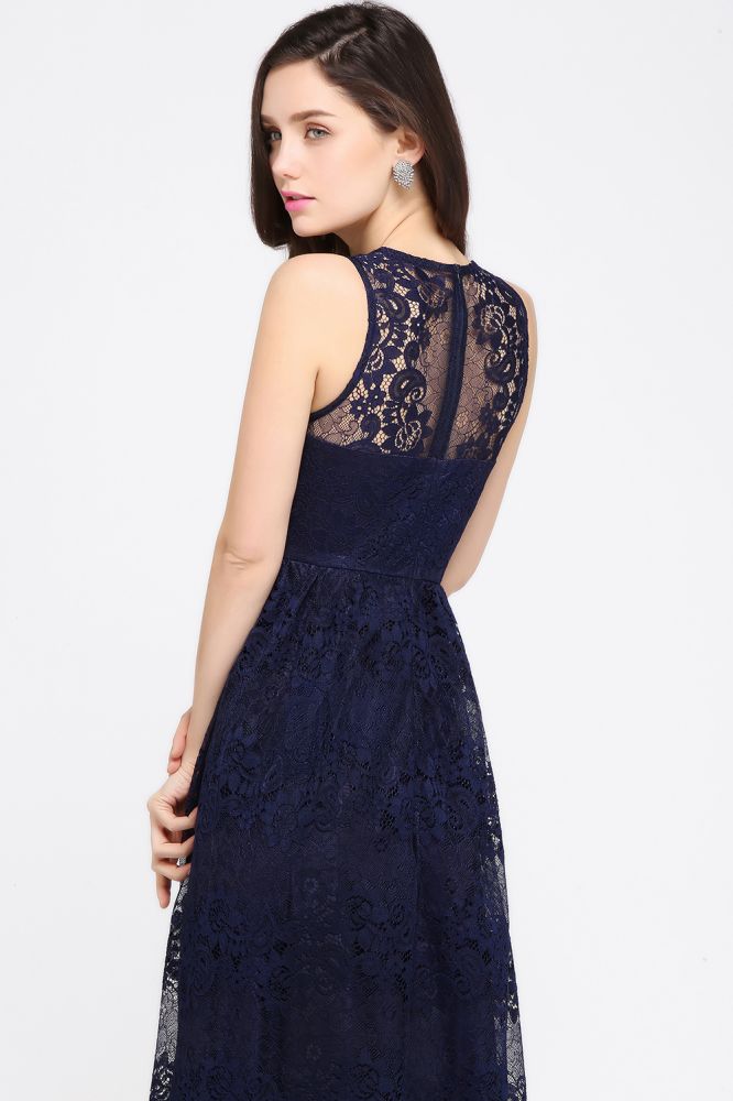 Vintage V-Neck Floor-Length Lace Navy Blue Prom Dress