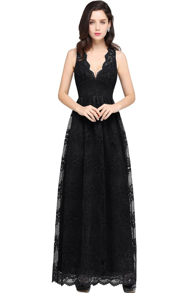 Vintage V-Neck Floor-Length Lace Navy Blue Prom Dress