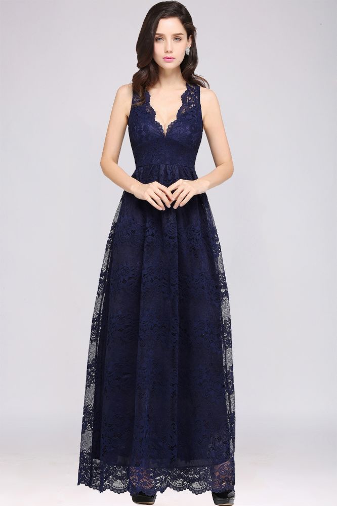 Vintage V-Neck Floor-Length Lace Navy Blue Prom Dress