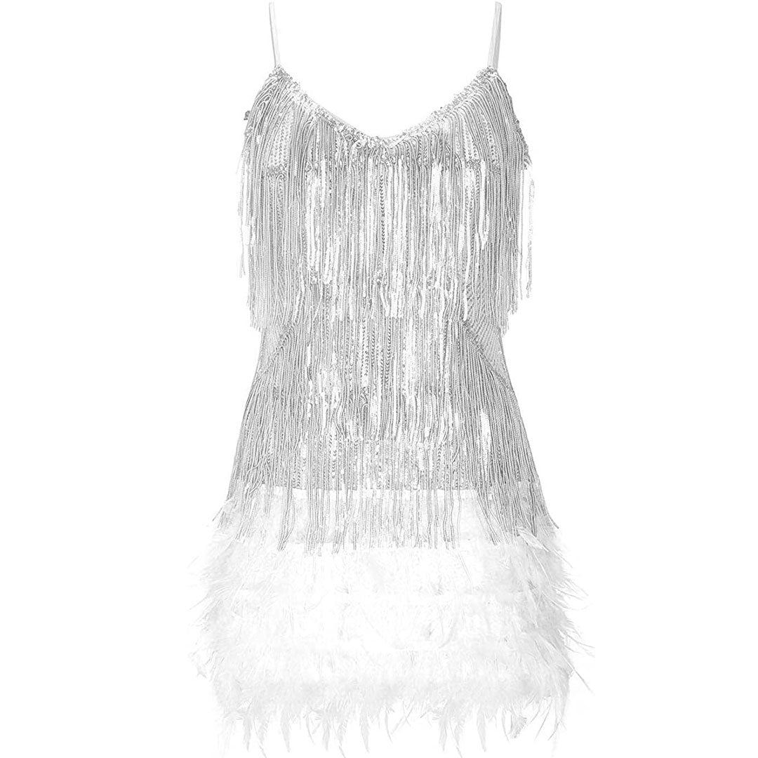 Shimmery Scoop Neck Sequin Fringe Feather Slip Flapper Mini Dress - White