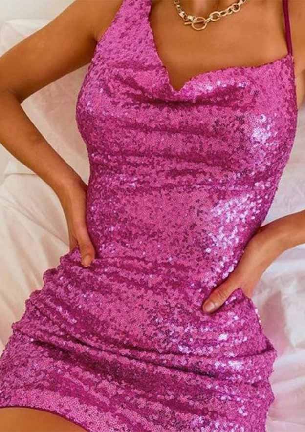 Short Beautiful Sequined Homecoming Dress with Pleated Column Cowl Neck Sleeveless