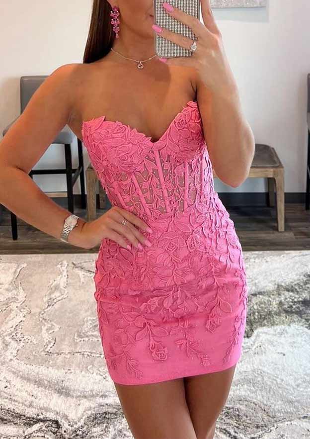 Short Lace Homecoming Dress with Beading & Column Sweetheart Sleeveless