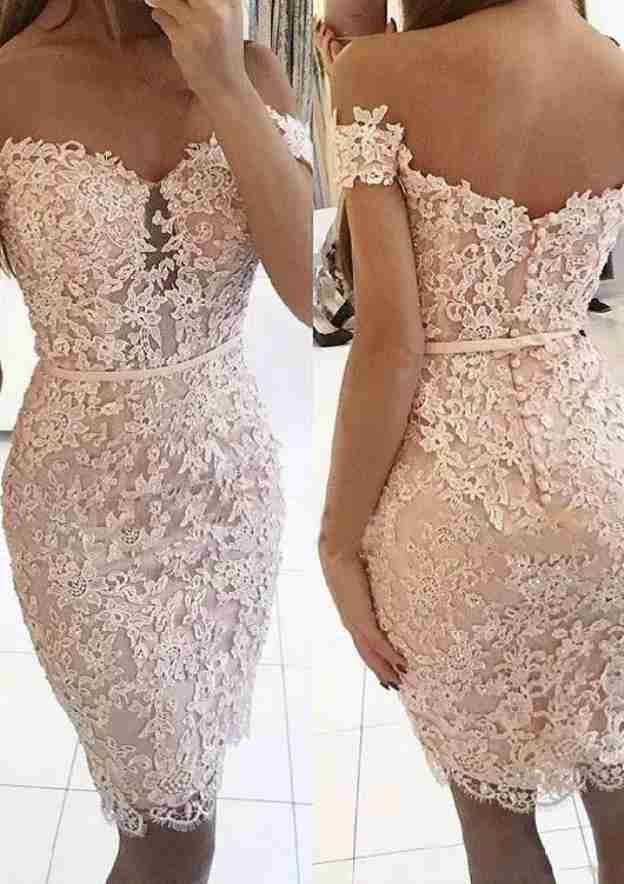 Short Sleeve Lace Homecoming Dress with Beaded Waistband - Column Off-The-Shoulder Knee-Length