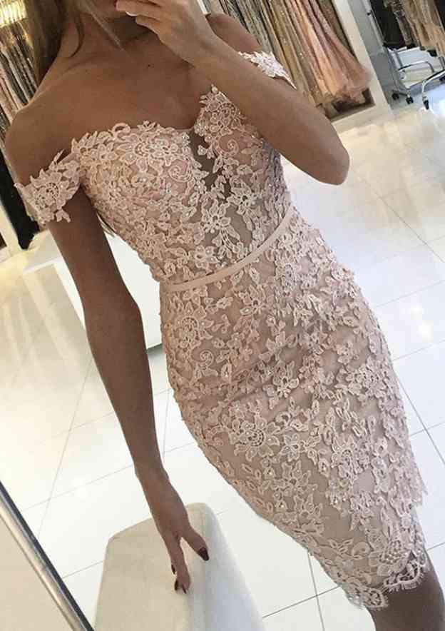 Short Sleeve Lace Homecoming Dress with Beaded Waistband - Column Off-The-Shoulder Knee-Length