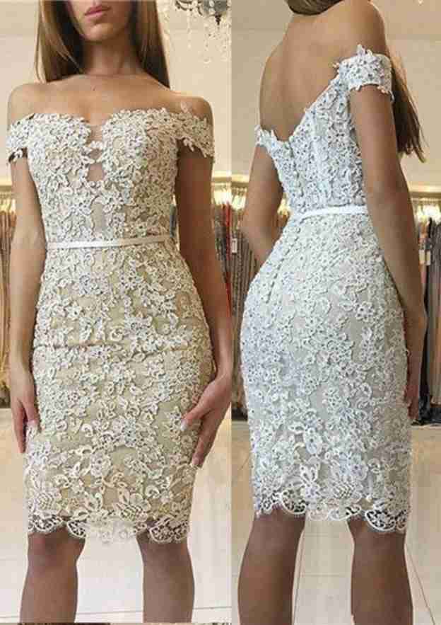 Short Sleeve Lace Homecoming Dress with Beaded Waistband - Column Off-The-Shoulder Knee-Length